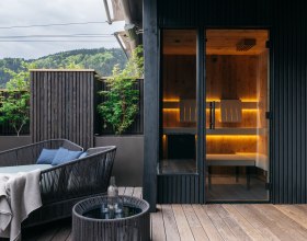 Room with sauna at Refugium hotel, © Gregor Hofbauer