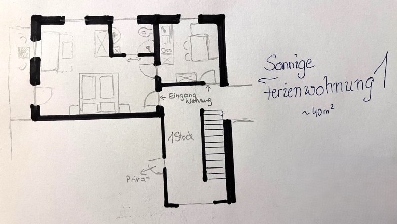 Skizze Grundriss Sonnige Ferienwohnung, © Grasberger